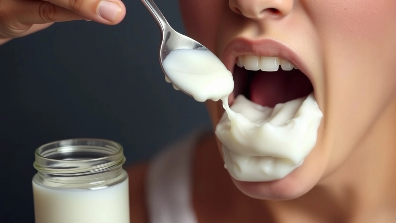 une personne faisant du oil pulling avec de l'huile