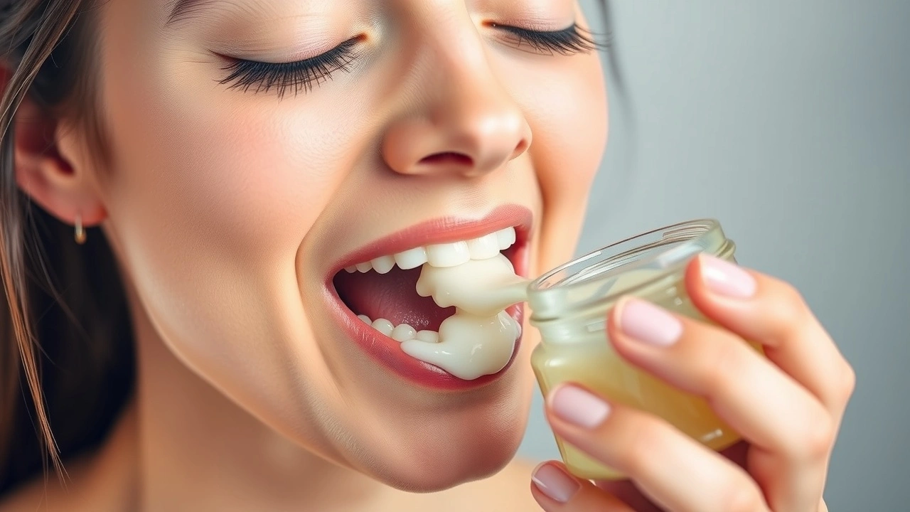 une personne faisant du oil pulling avec de l'huile de coco