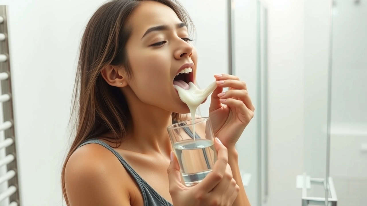 une personne fait du oil pulling avec de l'huile de coco