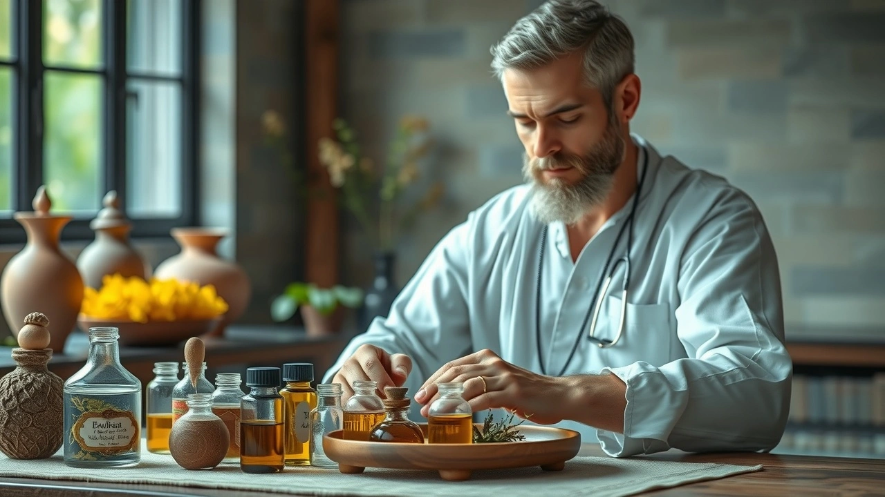 praticien ayurvedique préparant des huiles herbacées