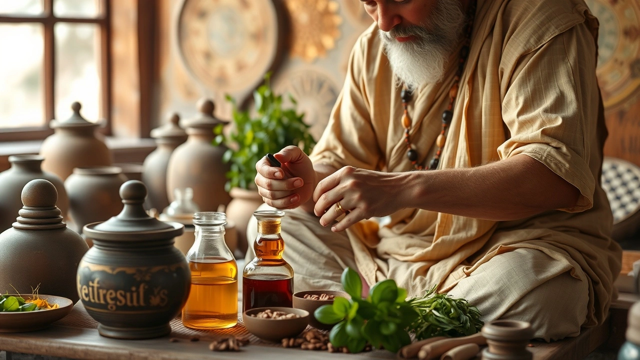 praticien ayurvédique préparant des huiles et des ingrédients