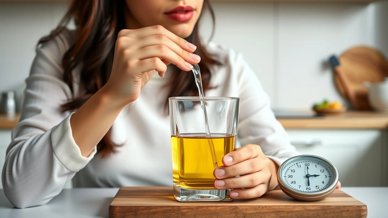 person pratiquant l'huile de pulling dans une cuisine