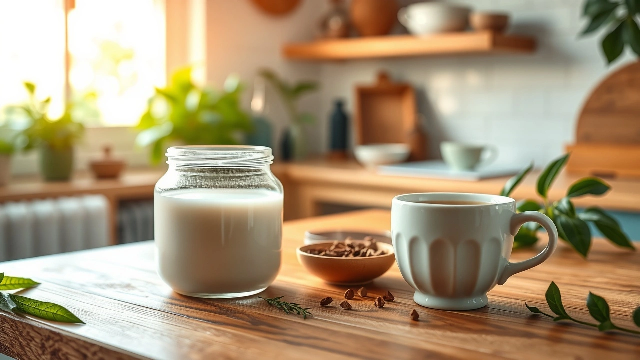 Une scène de cuisine tranquille illustrant le prélèvement d'huile selon l'Ayurveda.