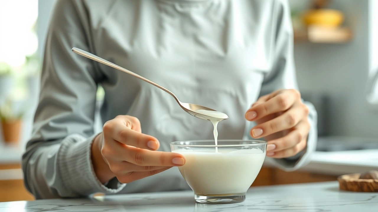 une personne pratiquant le oil pulling avec de l'huile