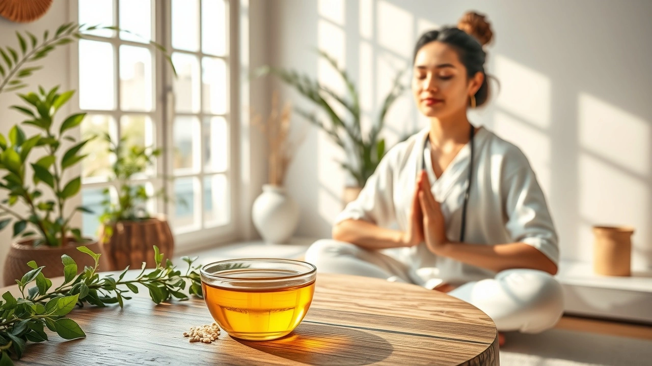 Une scène ayurvédique représentant le tirage d'huile et l'harmonisation des émotions.