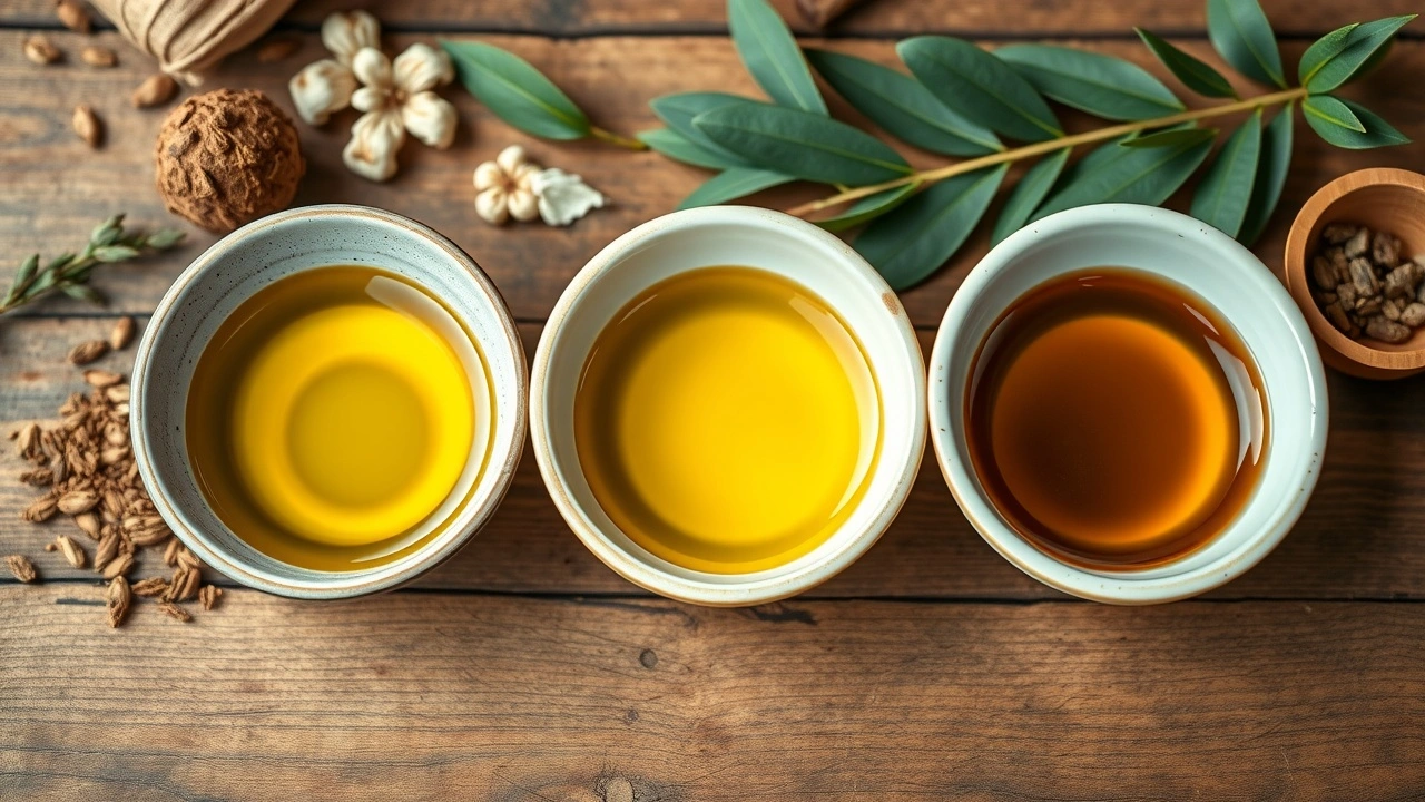 trois bols avec huiles représentant les doshas