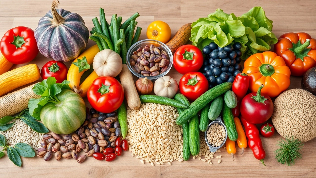 variété d'aliments frais disposés sur une table en bois