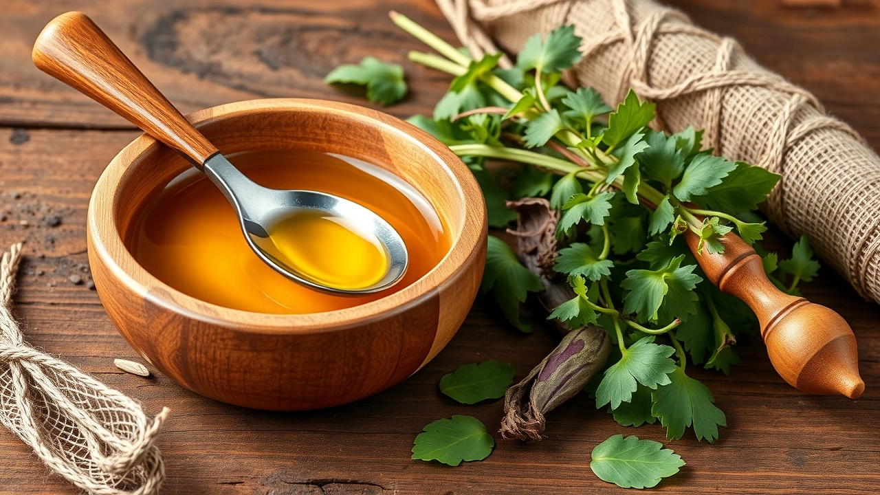 bol en bois rempli d'huile et herbes ayurvédiques