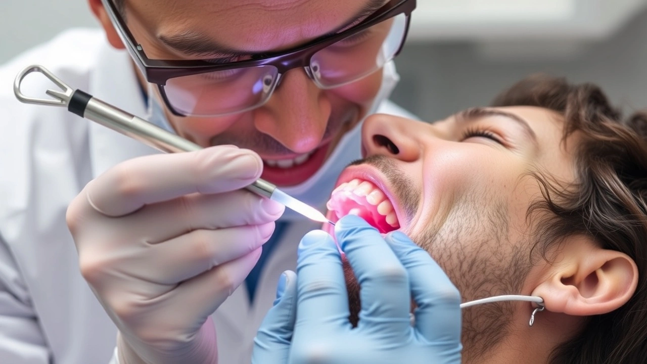 dentiste examinant des dents pendant le oil pulling
