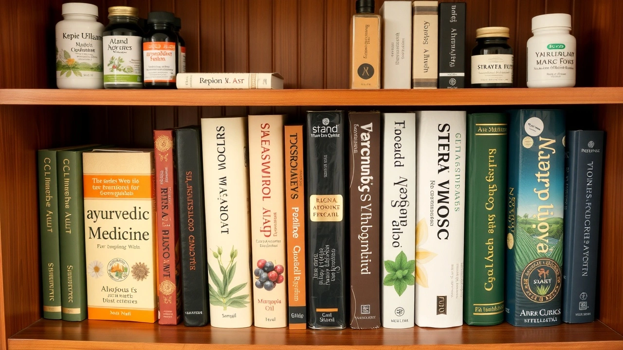 une étagère remplie de livres sur la médecine ayurvédique