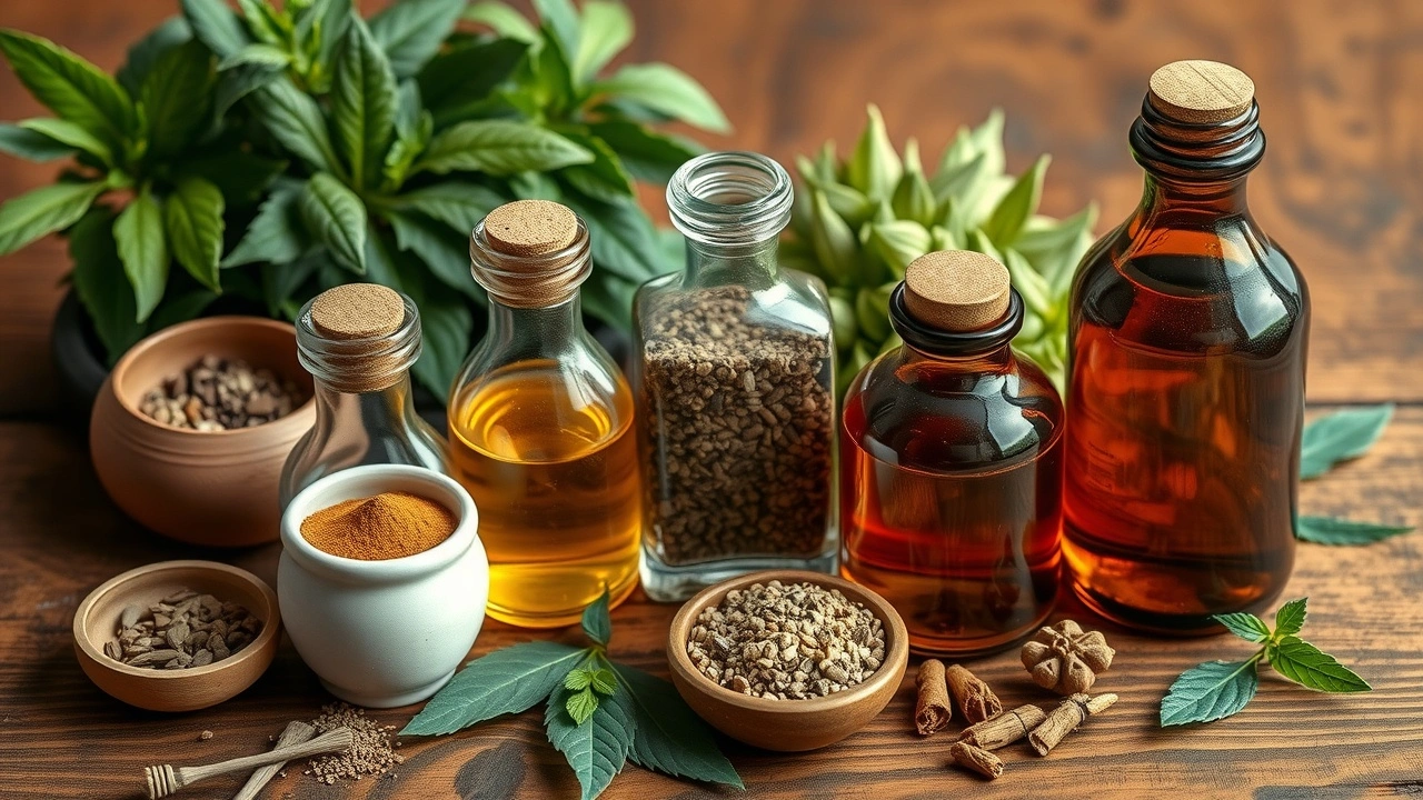 herbes ayurvédiques et contenants d'huile sur une table en bois
