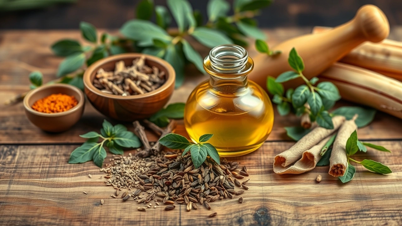 herbes ayurvédiques et huile sur une table en bois