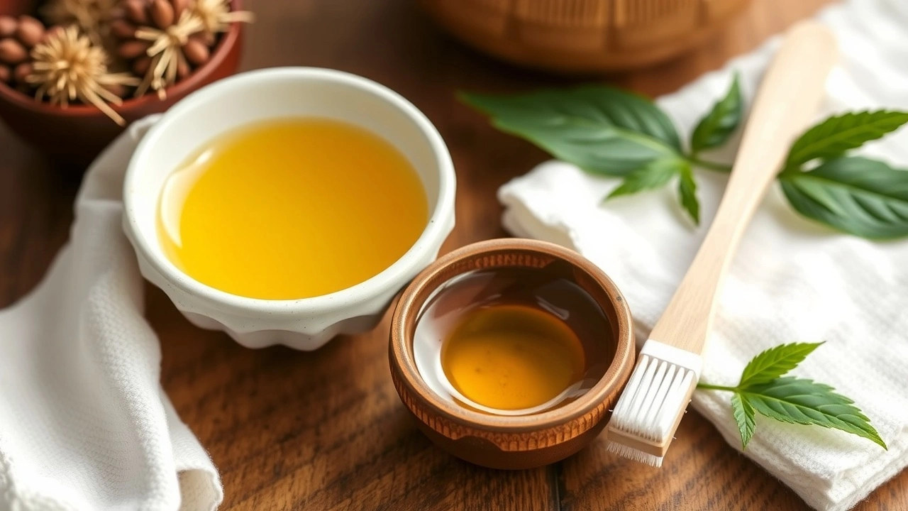 huile de neem et ustensiles de soins dentaires ayurvediques