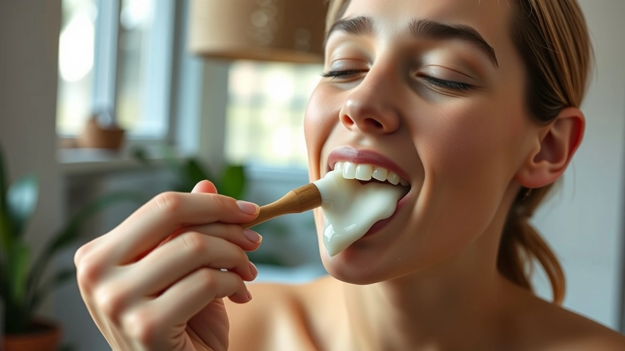 un adulte faisant un oil pulling avec de lhuile de noix de coco