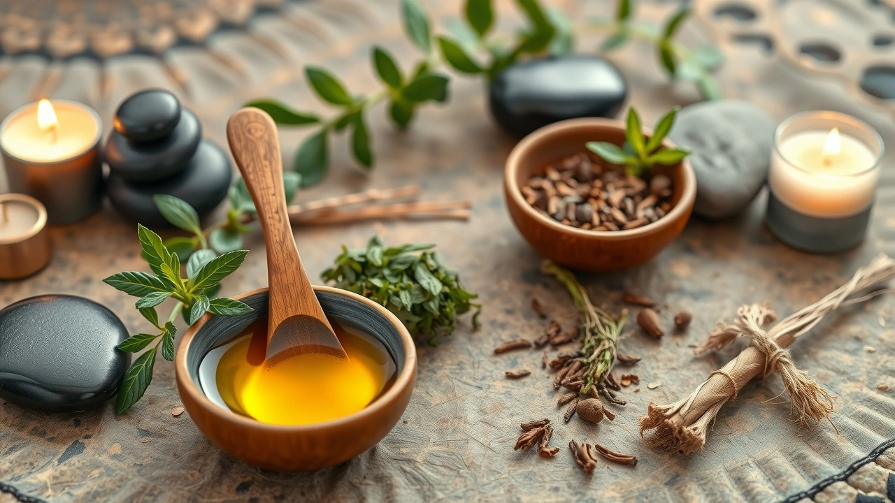 un bol d'huile et des herbes dans un cadre ayurvédique