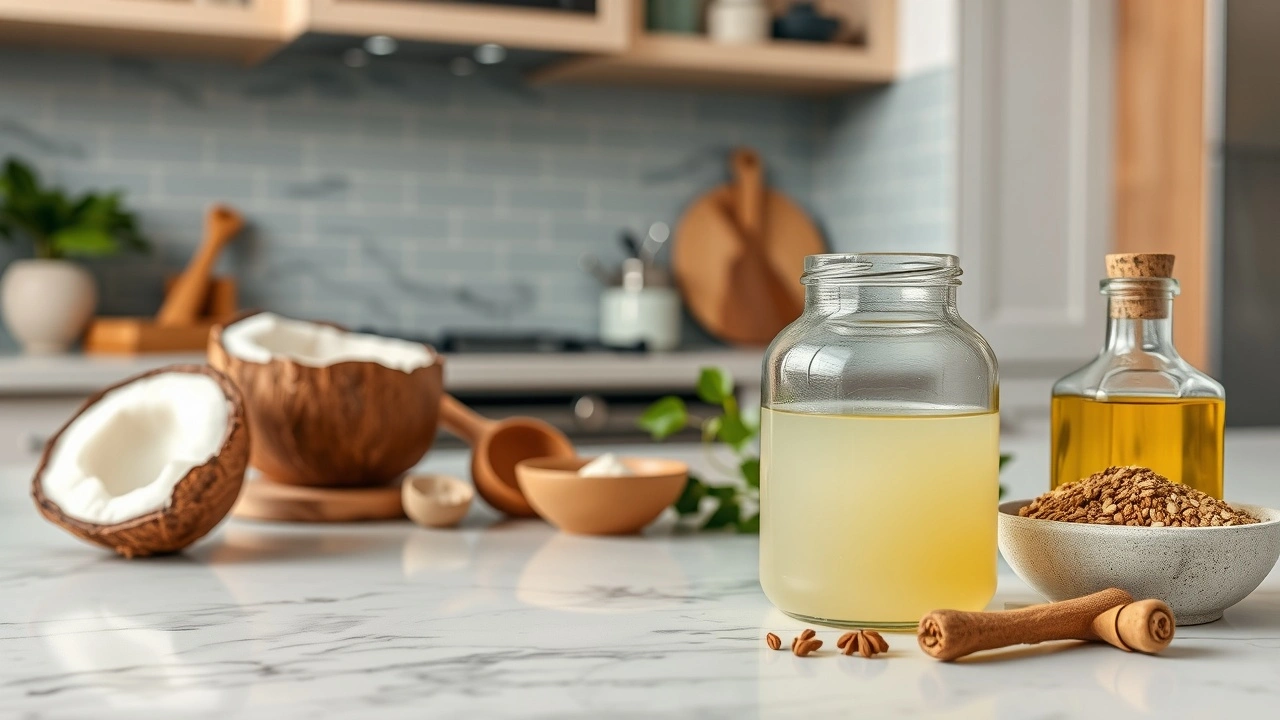 huile de coco et ingrédients ayurvédiques sur un plan de travail