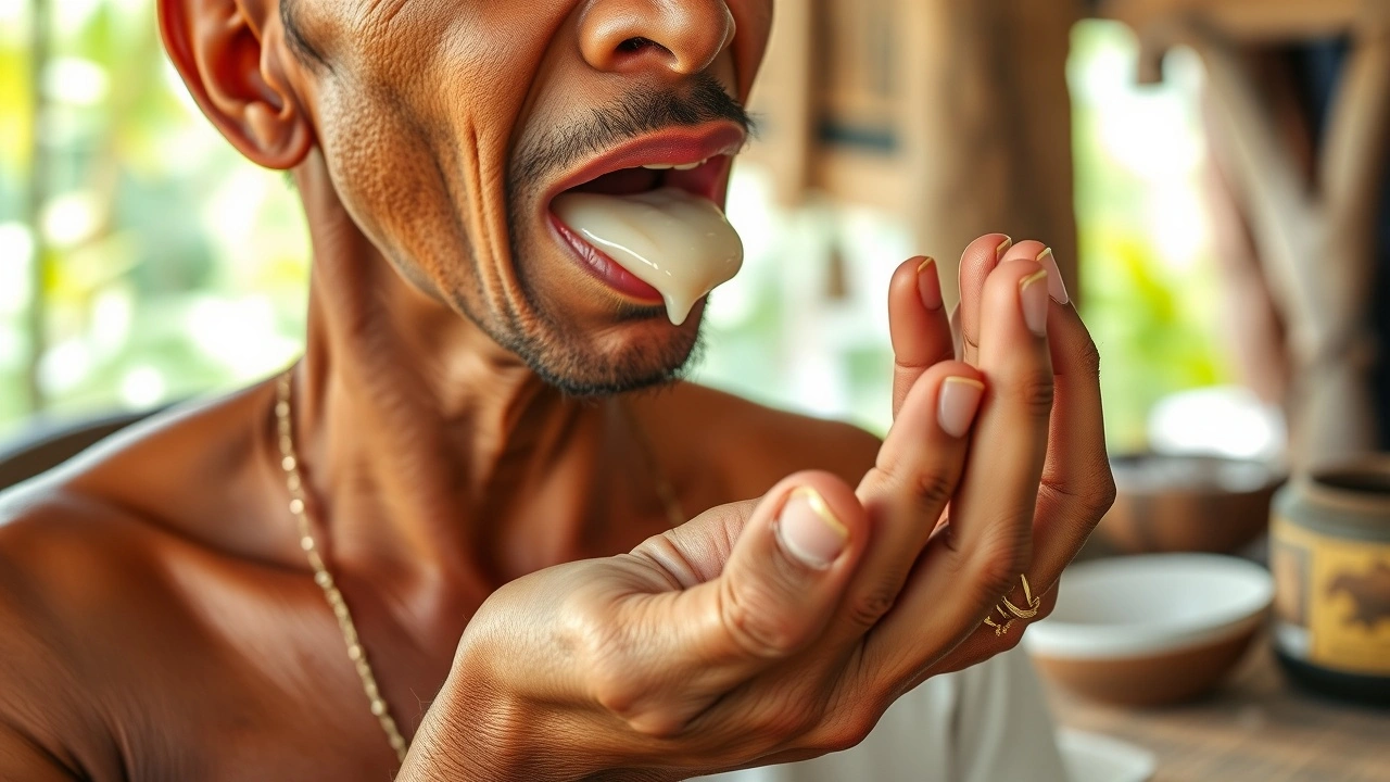 person utilisant de l'huile de coco pour le bain de bouche