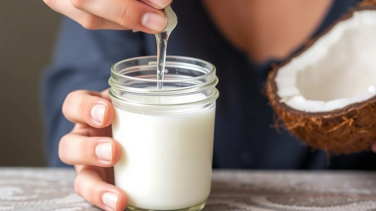 person tirant de lhuile de coco dans la bouche
