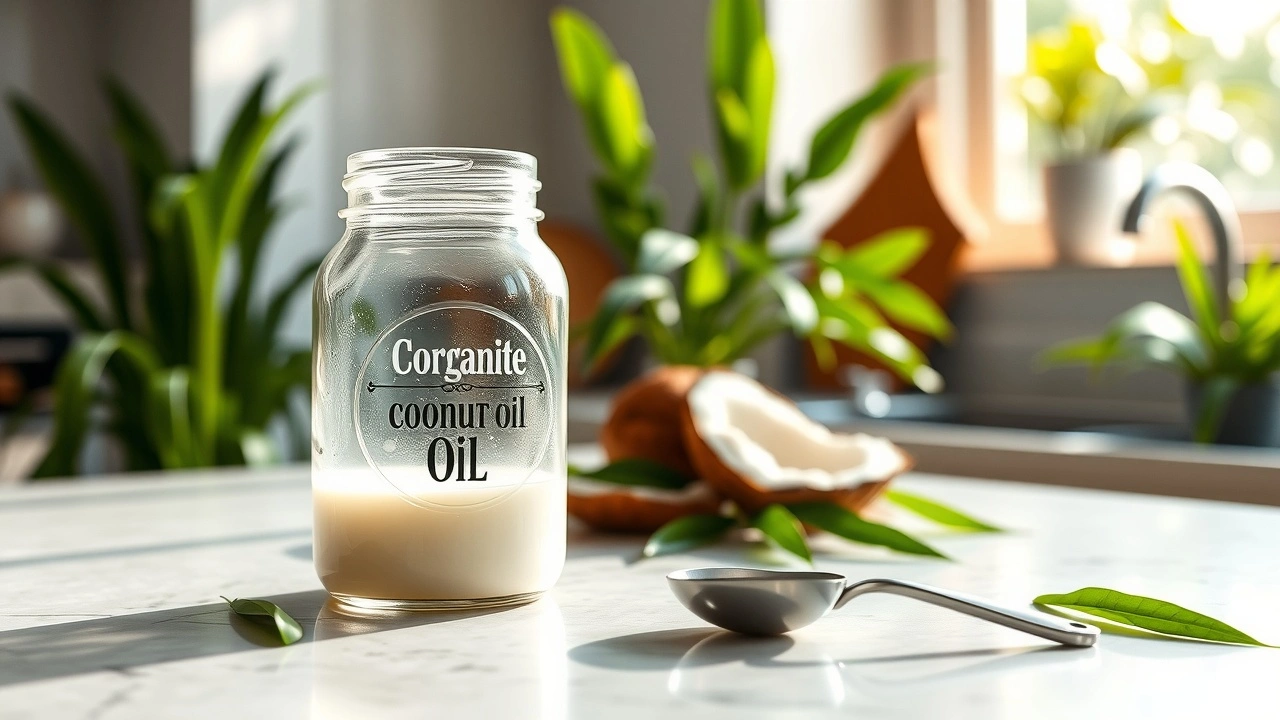 Une scène de cuisine sereine illustrant la pratique du bain de bouche à l'huile avec des éléments symbolisant la santé intérieure selon l'Ayurveda.