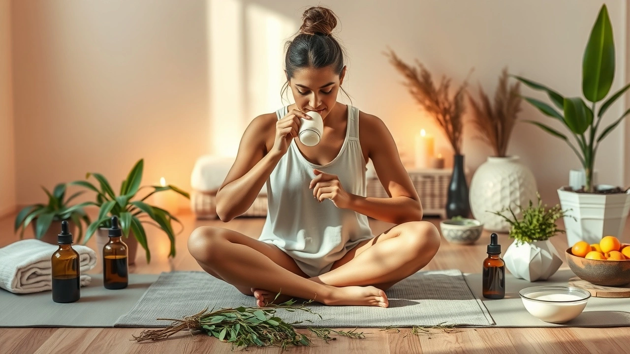Une scène sereine illustrant la pratique du bain de bouche à l'huile dans un espace de bien-être.