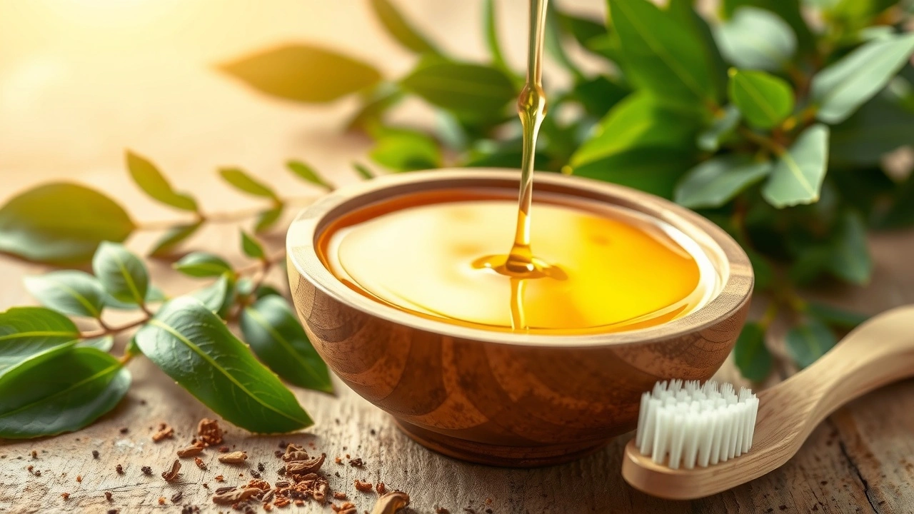 Illustration d'une approche préventive en Ayurveda pour la santé bucco-dentaire avec de l'huile et des herbes.