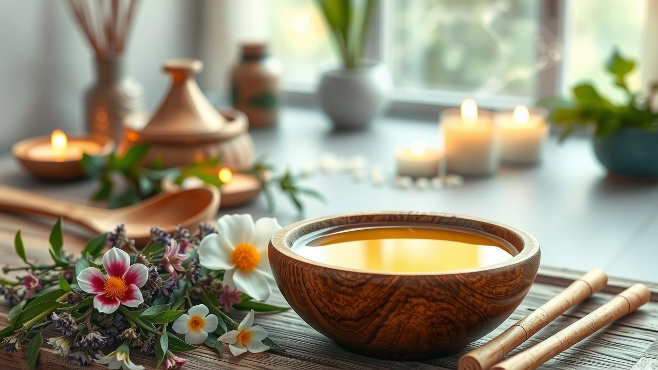 Une scène apaisante représentant un bol en bois rempli d'huile entouré d'herbes fraîches et d'éléments naturels.