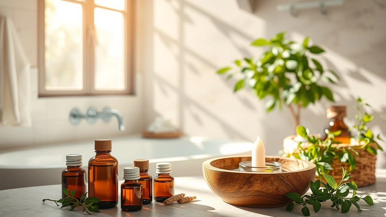 Illustration d'un environnement serein représentant le tirage d'huile et l'équilibre des doshas selon l'Ayurveda.