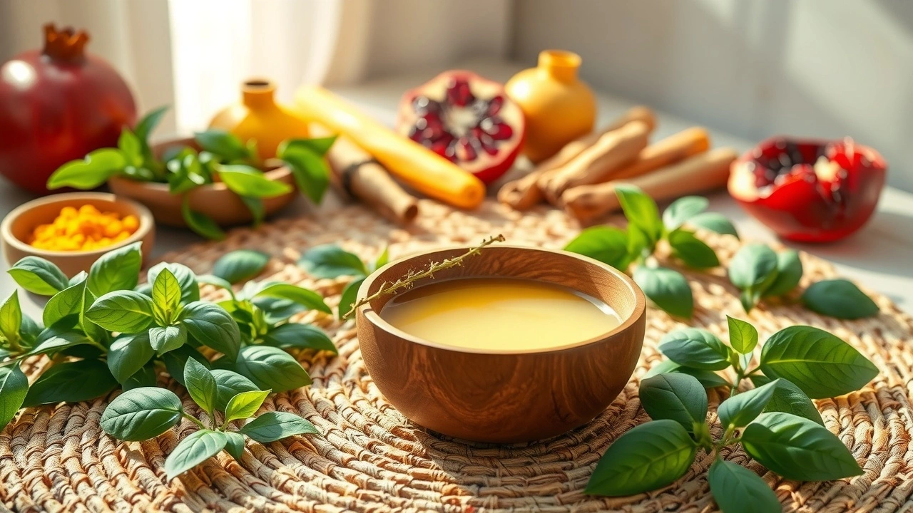 Illustration d'une scène ayurvédique avec de l'huile de noix de coco et des herbes, symbolisant la santé et le bien-être.