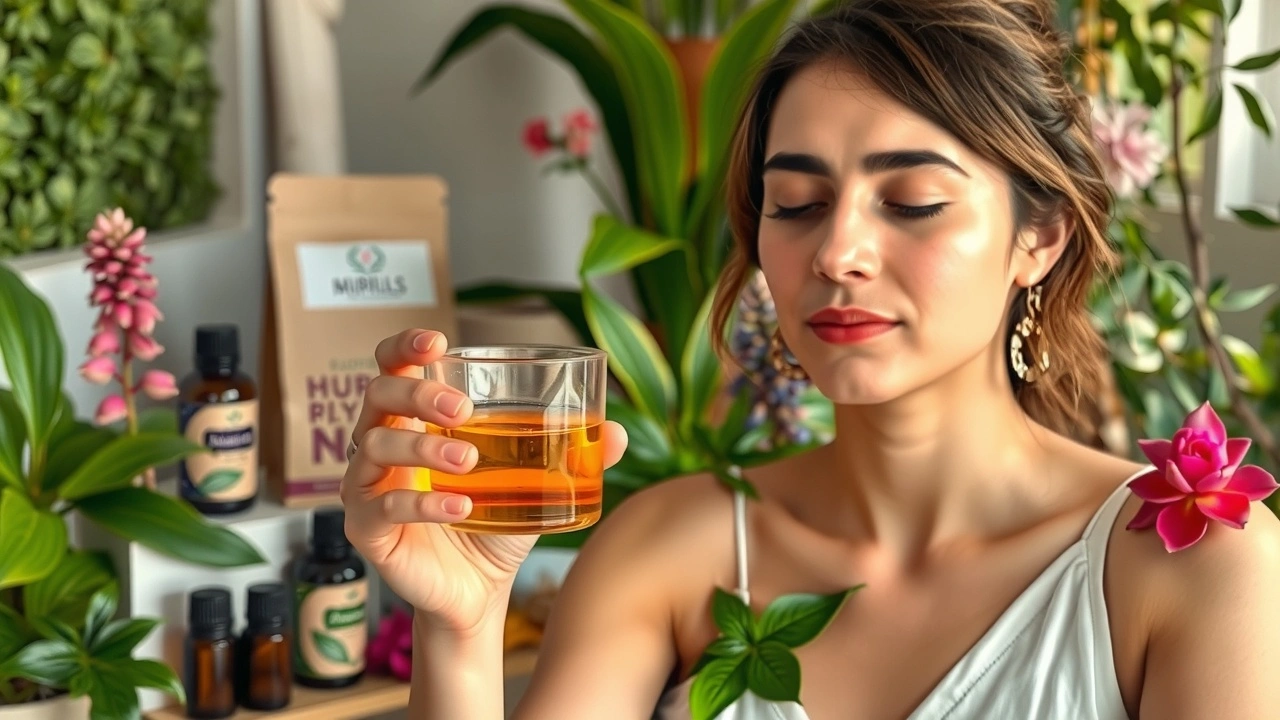 Une scène sereine illustrant la pratique du oil pulling dans un cadre ayurvédique, mettant en avant le bien-être intérieur.