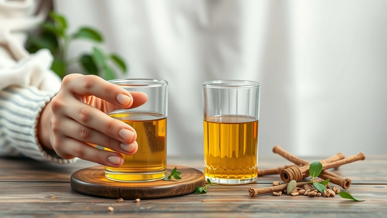 person pratiquant le oil pulling avec des herbes ayurvédiques