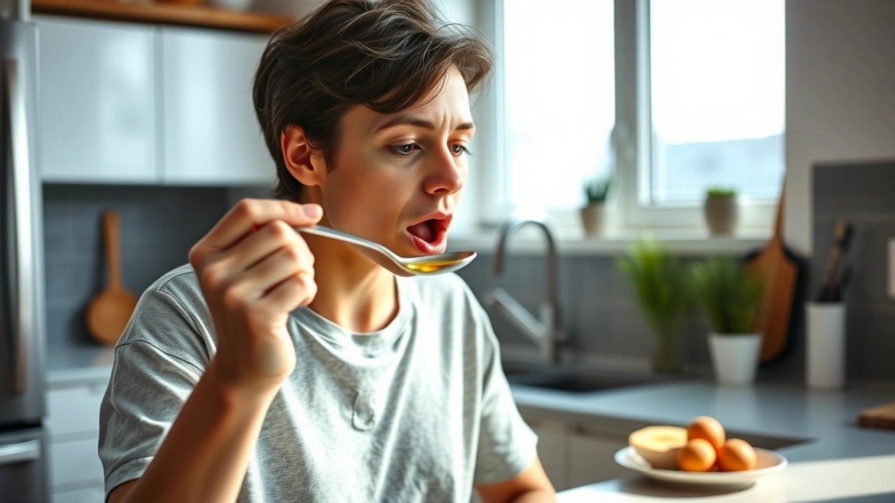 person faisant du oil pulling dans une cuisine moderne
