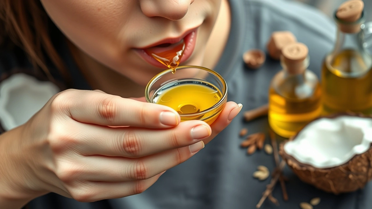 person avec de l'huile dans la bouche et ingrédients naturels