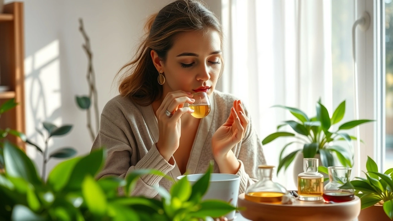 person faisant du oil pulling dans un environnement serein