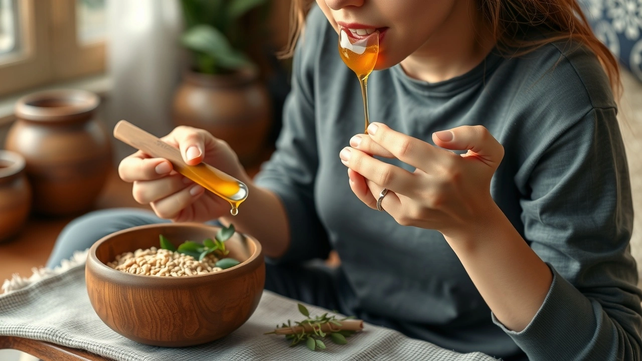 person pratiquant l'oil pulling avec de l'huile de sésame