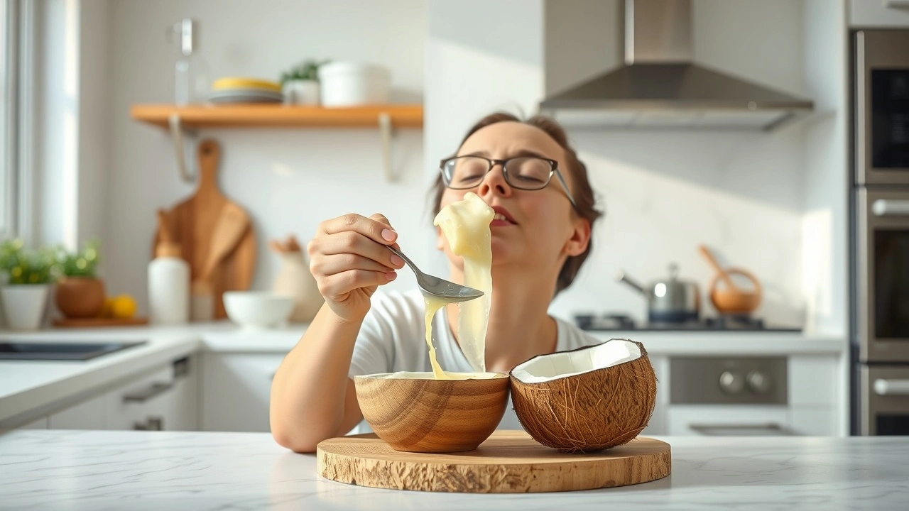 person faisant un oil pulling dans une cuisine claire