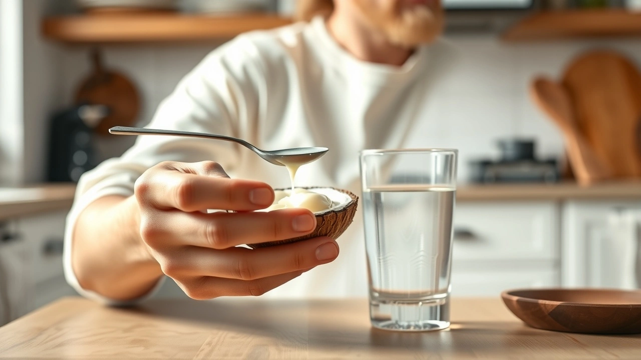 person faisant du oil pulling dans une cuisine lumineuse