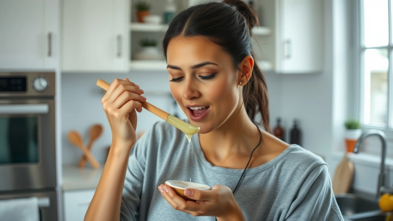 person faisant l'oil pulling avec de l'huile de coco