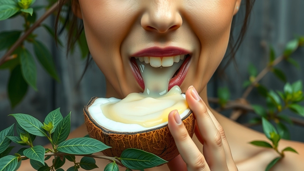 person effectuant le oil pulling avec de l'huile de coco