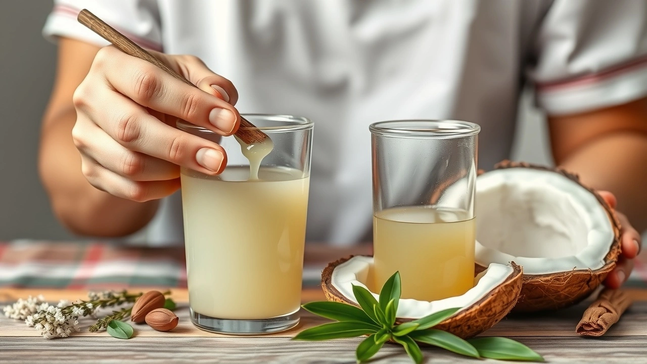 person faisant un oil pulling avec de l'huile de noix de coco