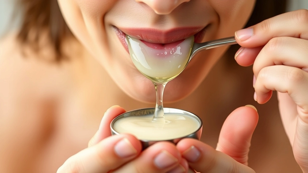 person pratiquant l'oil pulling avec de l'huile de noix de coco