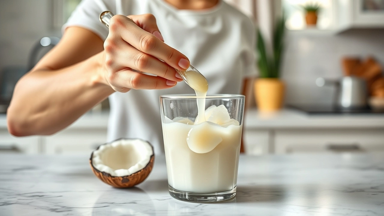 une personne faisant du oil pulling avec de lhuile de noix de coco