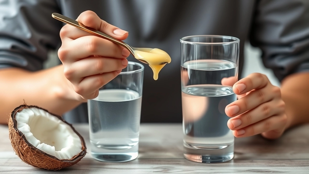 person pratiquant le oil pulling avec de l'huile de noix de coco