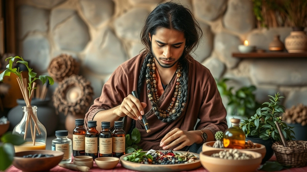 praticien ayurvedique prepare huiles et herbes