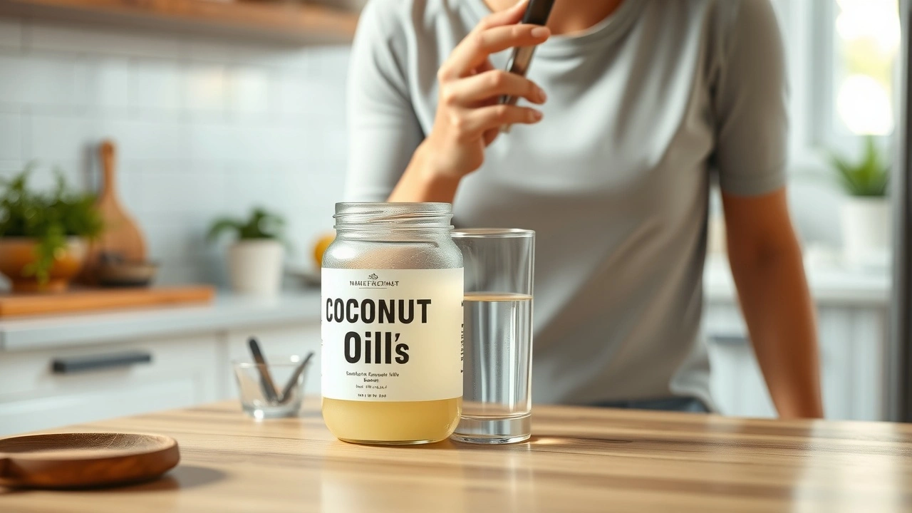 une personne pratiquant l'oil pulling dans une cuisine lumineuse