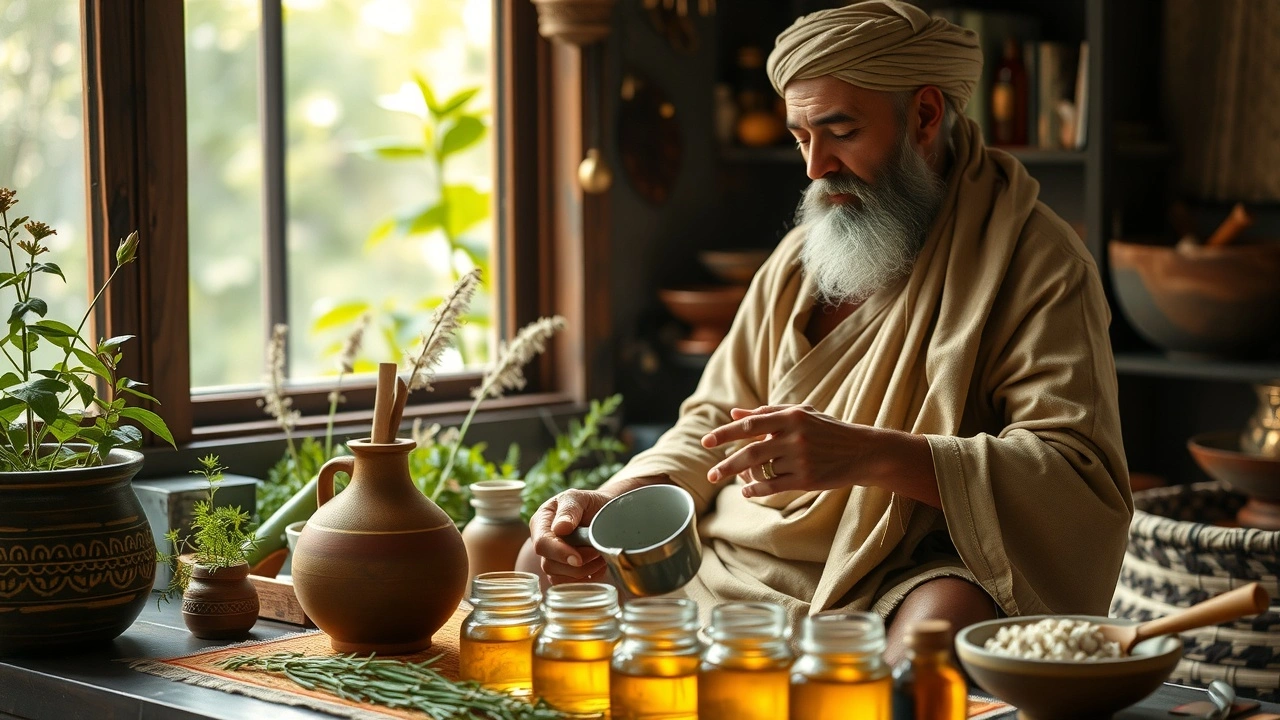 praticien ayurvédique préparant des huiles dans un cadre serein