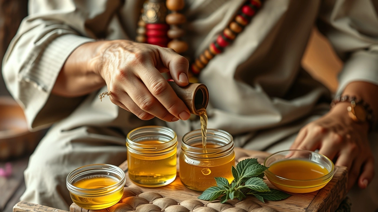 pratiquant ayurvedique preparant des huiles