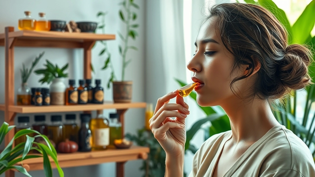 Une scène sereine illustrant le pulling d'huile dans un cadre ayurvédique apaisant.