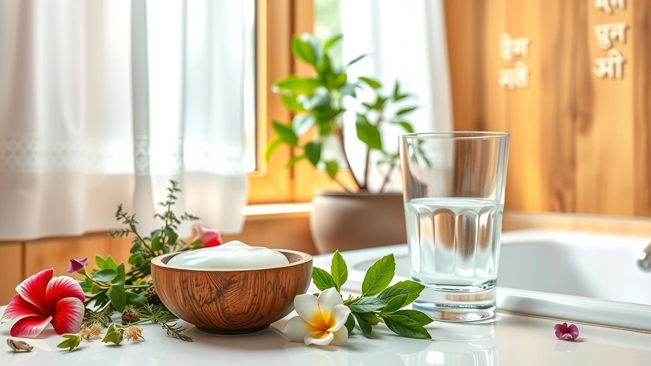 Une scène de salle de bain ayurvédique avec des éléments naturels pour le bien-être.