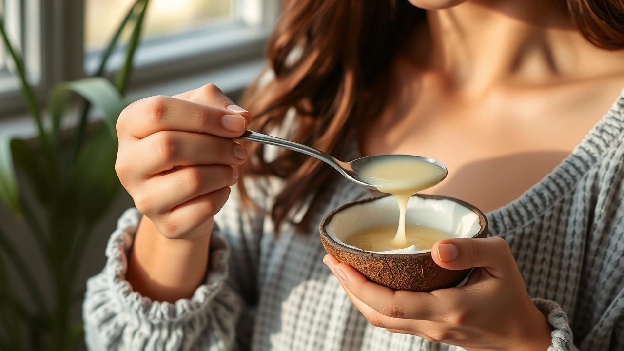 person faisant un oil pulling avec de l'huile de coco