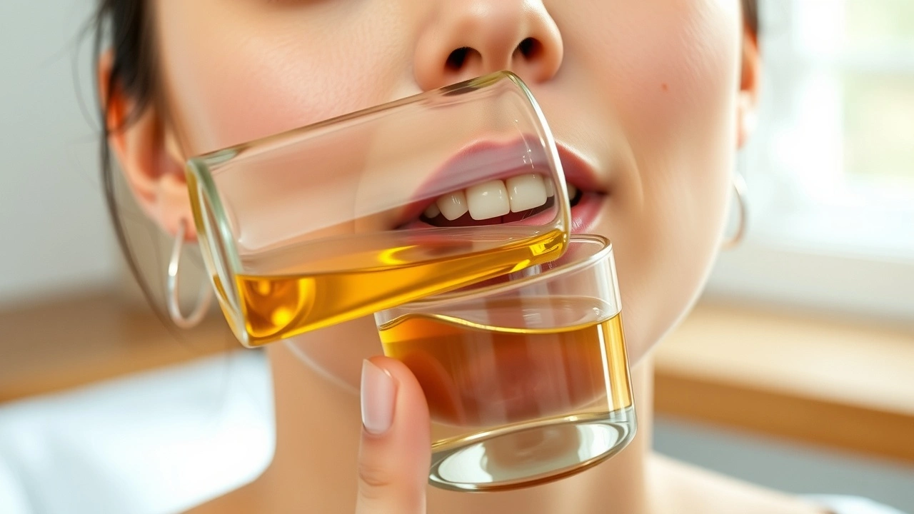 person pratiquant le tirage d'huile avec une expression sereine